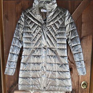 Montanaco Metallic Silver Quilted Nylon Puffer Stroller Coat S M XL